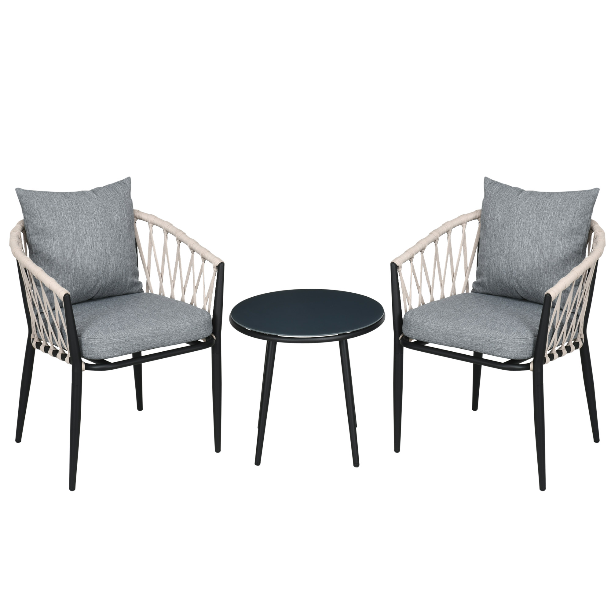 Conjunto de Móveis de Jardim Outsunny de 3 Peças, Inclui Mesa com Tampo de Vidro Temperado e 2 Poltronas com Almofadas e Apoios de Braço em Corda, Polipropileno, Cinza