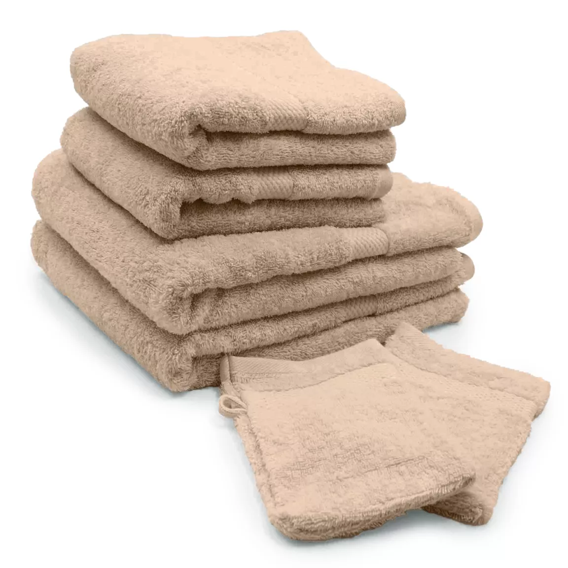 Lot de serviettes de bain 50x90 cm x2 + serviettes 70x130cm x2 + gants de toilette x2 Elegance Noisette