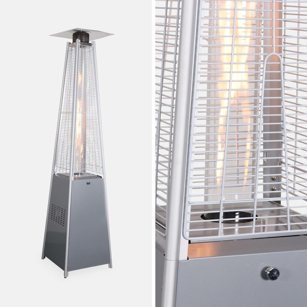 Chauffage d'extérieur avec sa housse intégrale - arctic 13kw gris clair - parasol chauffant gaz pyramide. Chauffage de terrasse