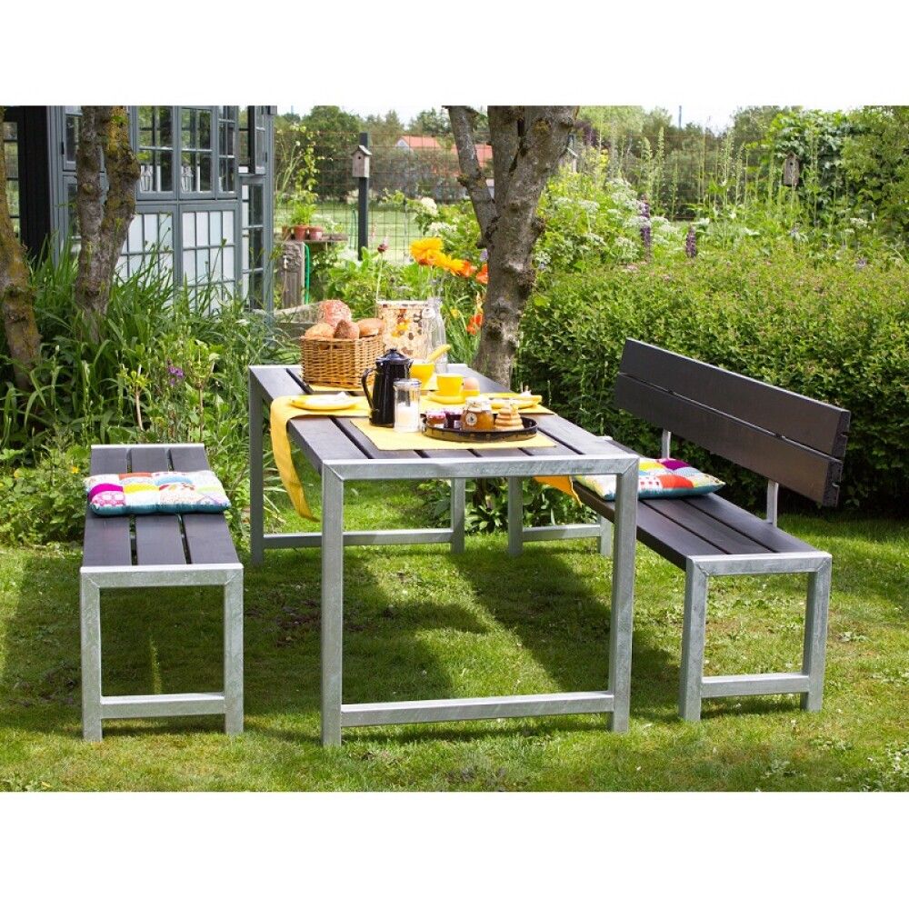 BENKESETT PLUS BORD/2 BENKER/1 RYGGSTØTTE 186CM SVART