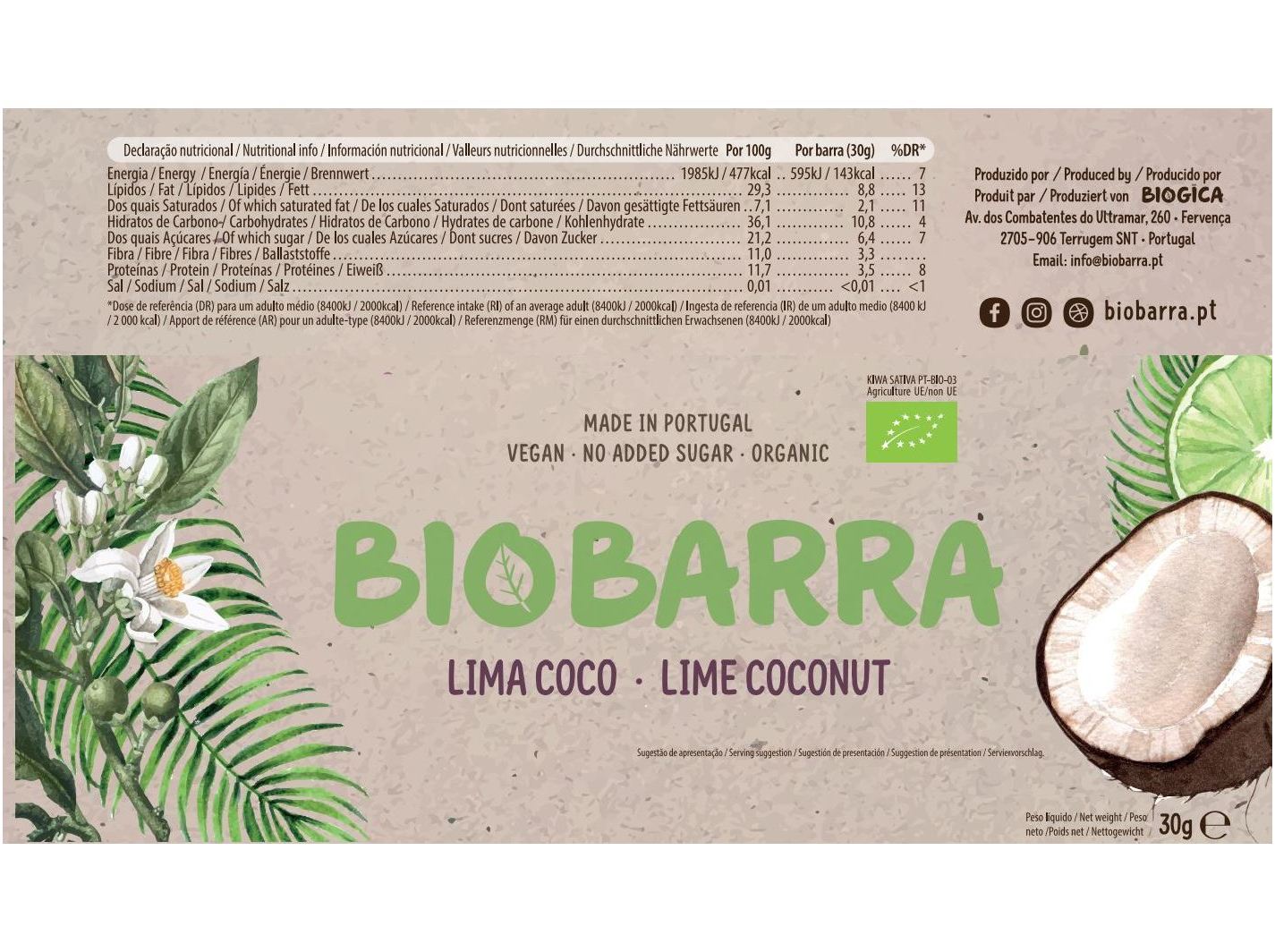 BARRA ENERGÉTICA BIOBARRA SEM GLÚTEN LIMA E COCO BIO 30G