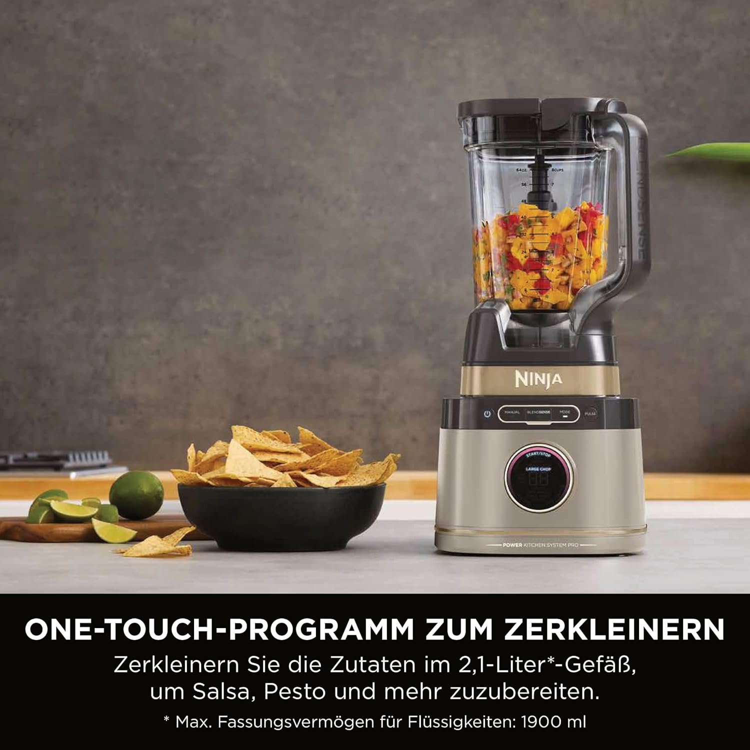 Ninja 3-in-1 Detect Power Blender Processor Pro, kraftvolle 1200W Küchenmaschine, Single Serve & Knethaken, 3x Single Serve Tassen, Krug, Teig, mischen & hacken, Stone Gold, TB401EUSTGD
