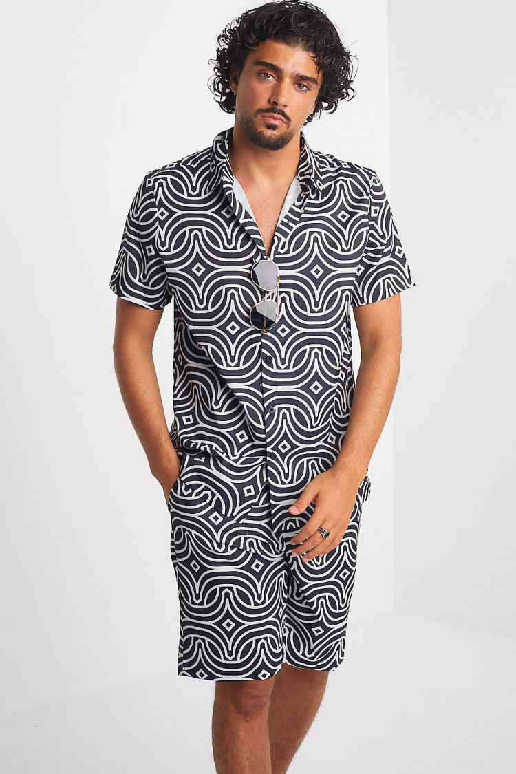 Ensemble 2 pièces chemise + short noir à motif géométrique