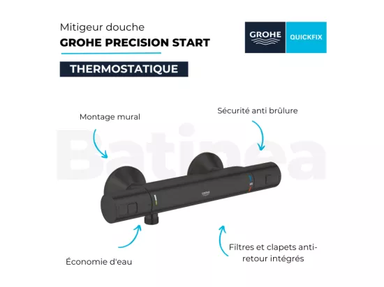 Pack mitigeur douche thermostatique GROHE Precision Start noir mat + ensemble GROHE Vitalio Start avec barre + support + pommeau