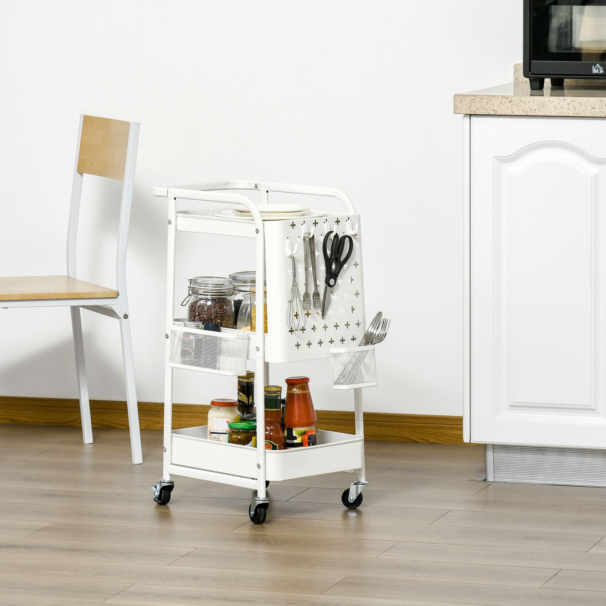 HOMCOM Küchenwagen mit 4 Universalräder weiß 51,5L x 32B x 75,6H cm
