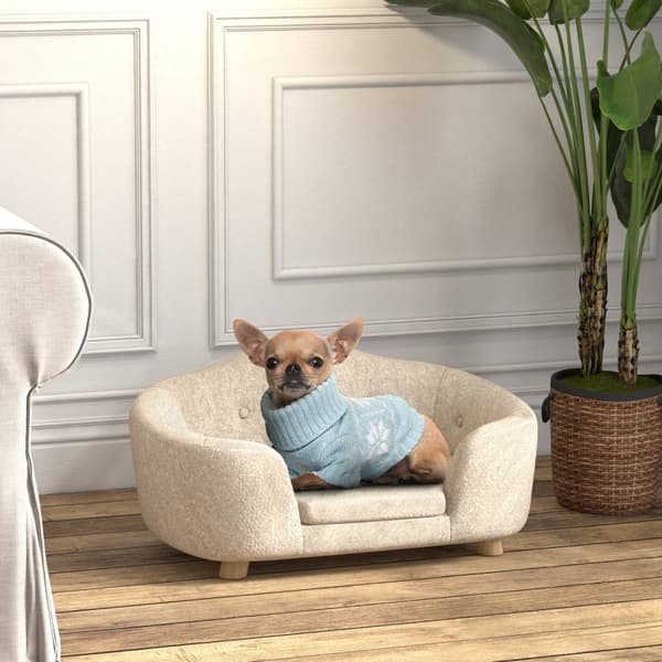 Hundesofa baklomme plysjtrekk med pute, katteseng, egnet for små hunder, furu, 70 x 47 x 30 cm, kremhvit