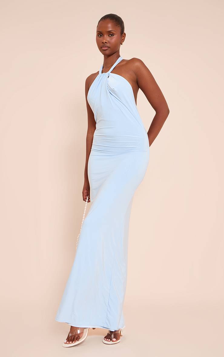 Bleu Robe Longue Dos Nu À Double Couche En Tissu Slinky