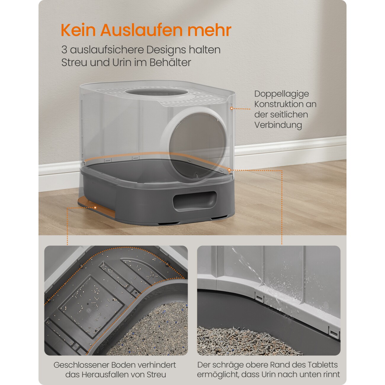 FEANDREA 2er Katzentoilette mit Deckel ausziehbares Tablett grau