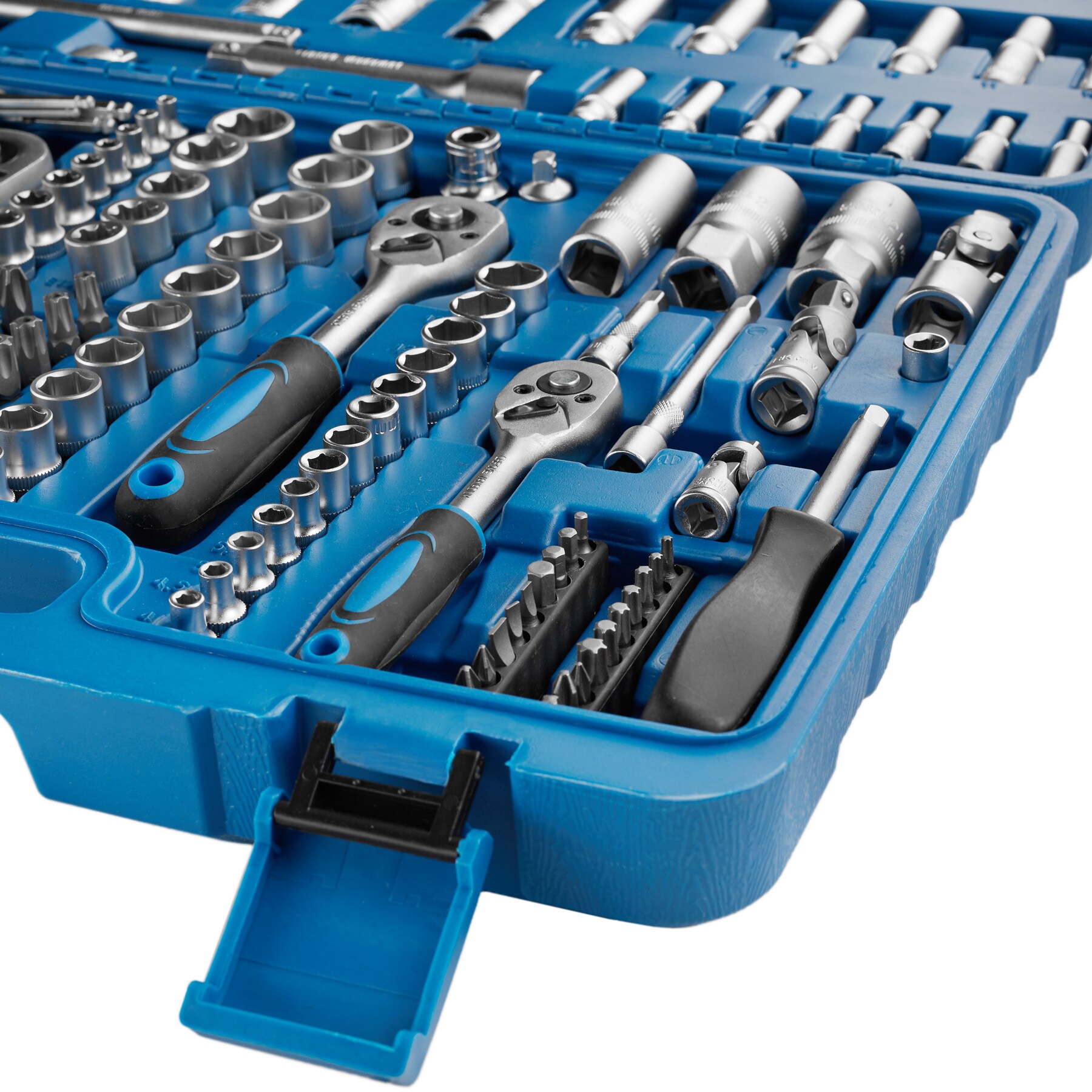 tectake® Steckschlüsselsatz, 171-teilig, 1/4, 3/8 und 1/2 Zoll, mit Kodierung und Kugelfangrille, übersichtliche Anordnung im Kunststoffkoffer