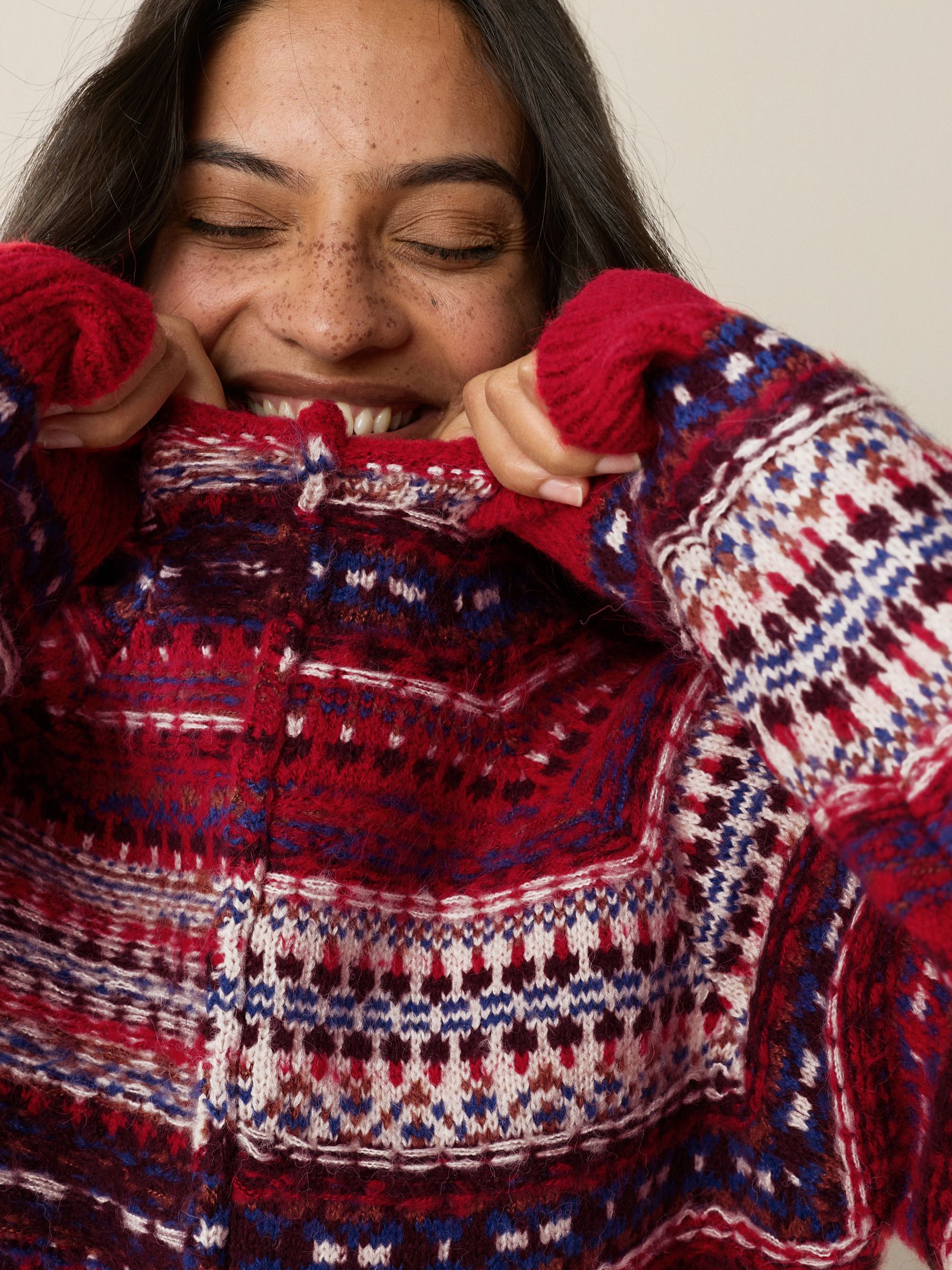 Rood/blauw meerkleurig - Stand Neck Fairisle Pattern Stitch Knitted Jumper