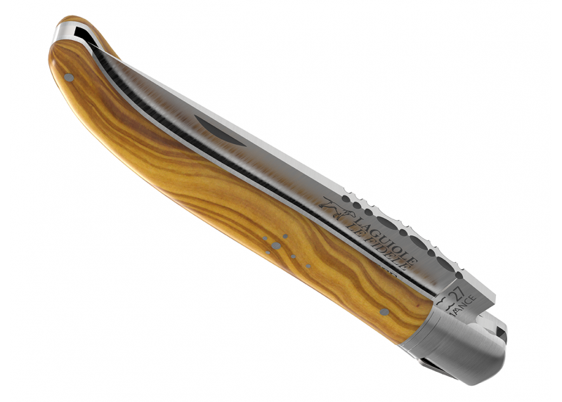 Couteau Laguiole avec un manche en bois d'olivier et 1 mitre en acier inoxydable