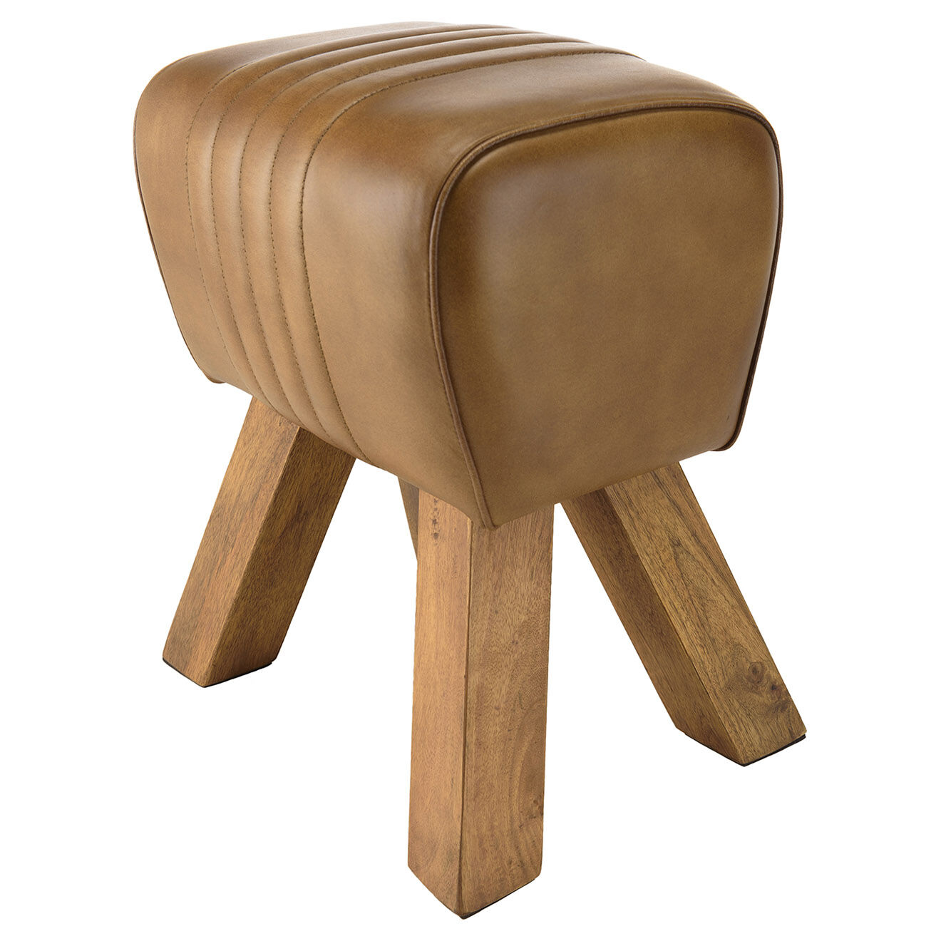 Macabane Tabouret matelassé en Cuir pieds inclinés en Manguier marron - 41x31x49 cm