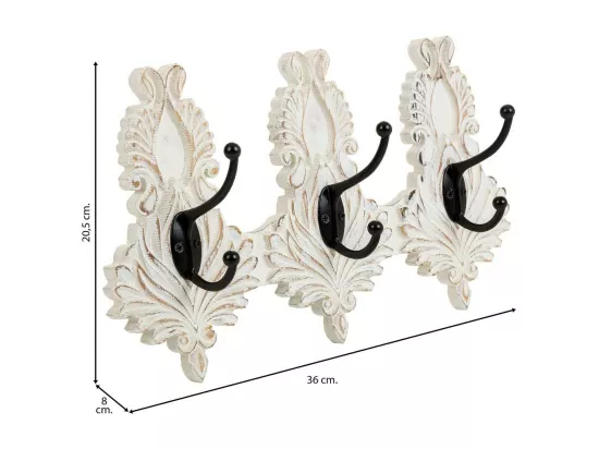 Patère murale en bois sculpté blanc 36x8x20.5h