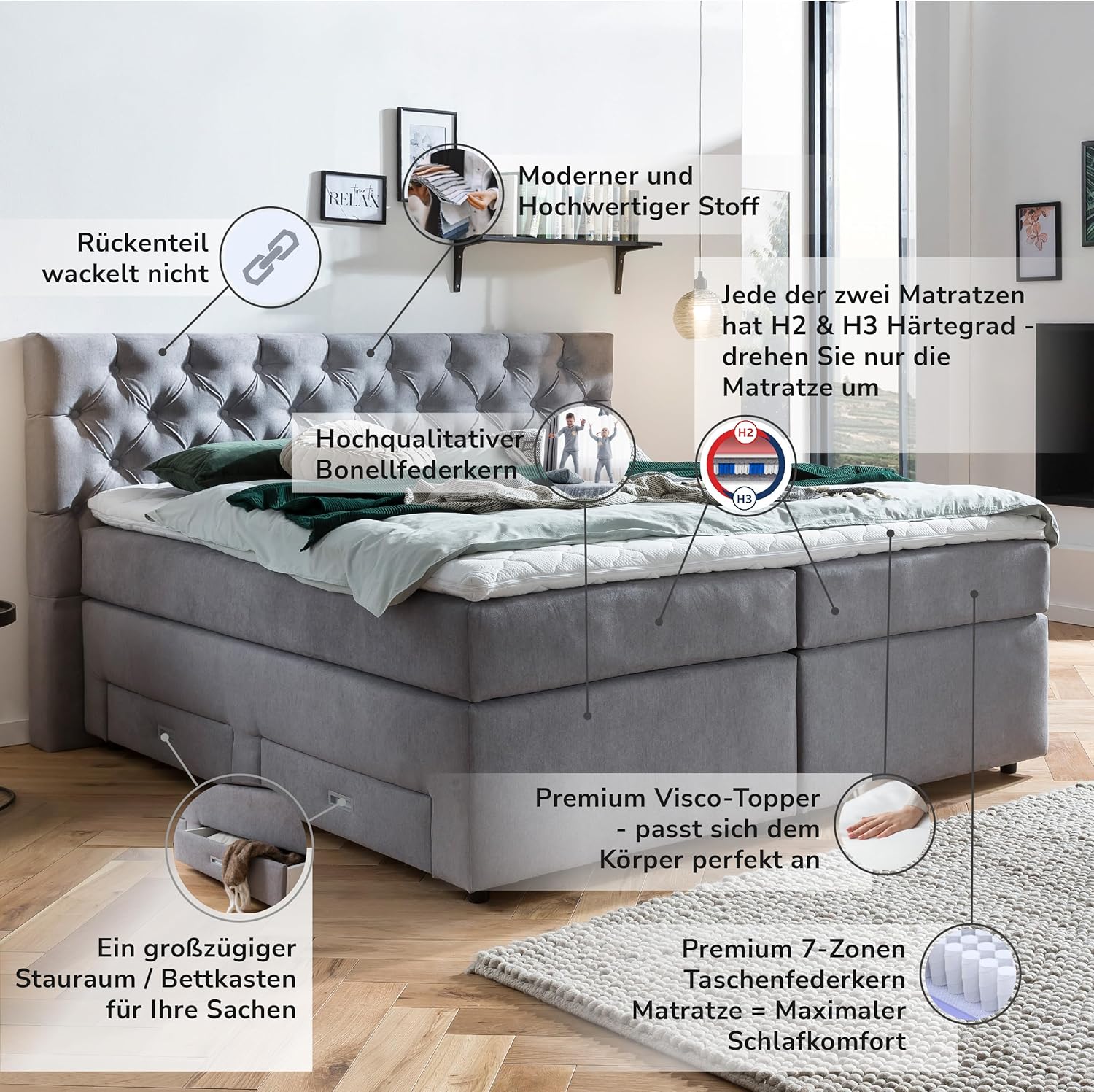 Belanoti Lara Boxspringbett 180x200 mit 4 Schubladen Stauraum Bett 180x200 mit Bettkasten in der Farbe Hellgrau H2 und H3 Chesterfield Kopfteil 7-Zonen Taschenfederkern Matratze inkl. Visco Topper