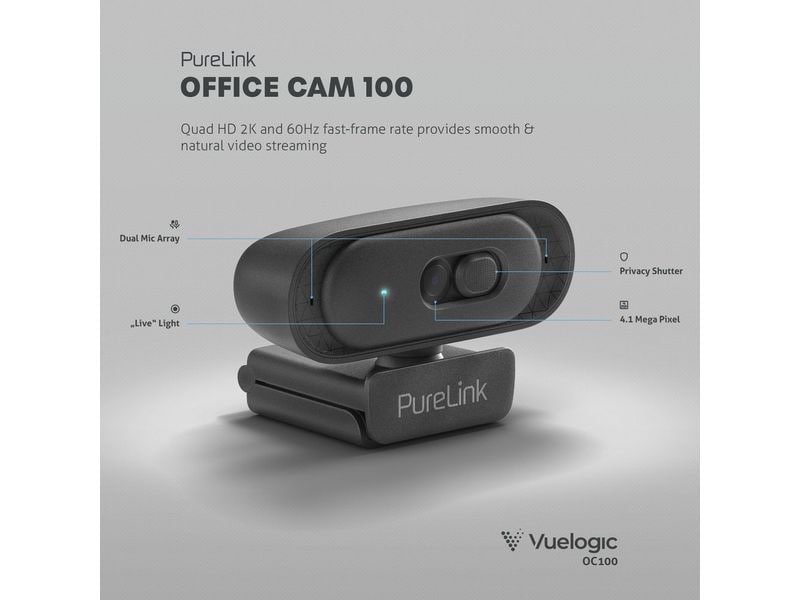 PureLink Webcam Vuelogic 2K Quad HD Hochauflösende 2K QHD-Webcam – Kristallklare Video- und Audioqualität