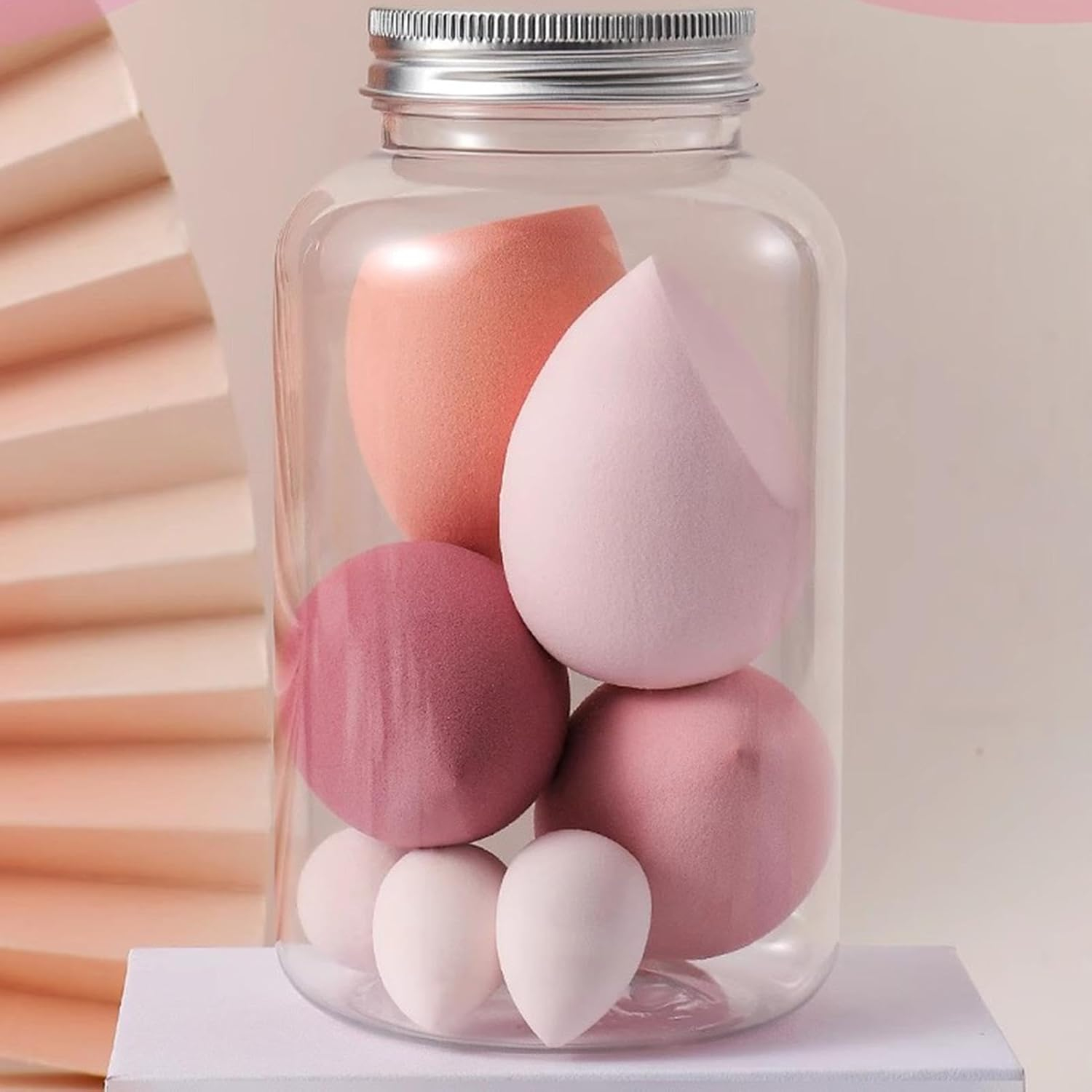(14-tlg. Set) Make Up Kosmetik Schwamm / Puderquaste / Beauty Blender mit Aufbewahrungsbox - Rosa