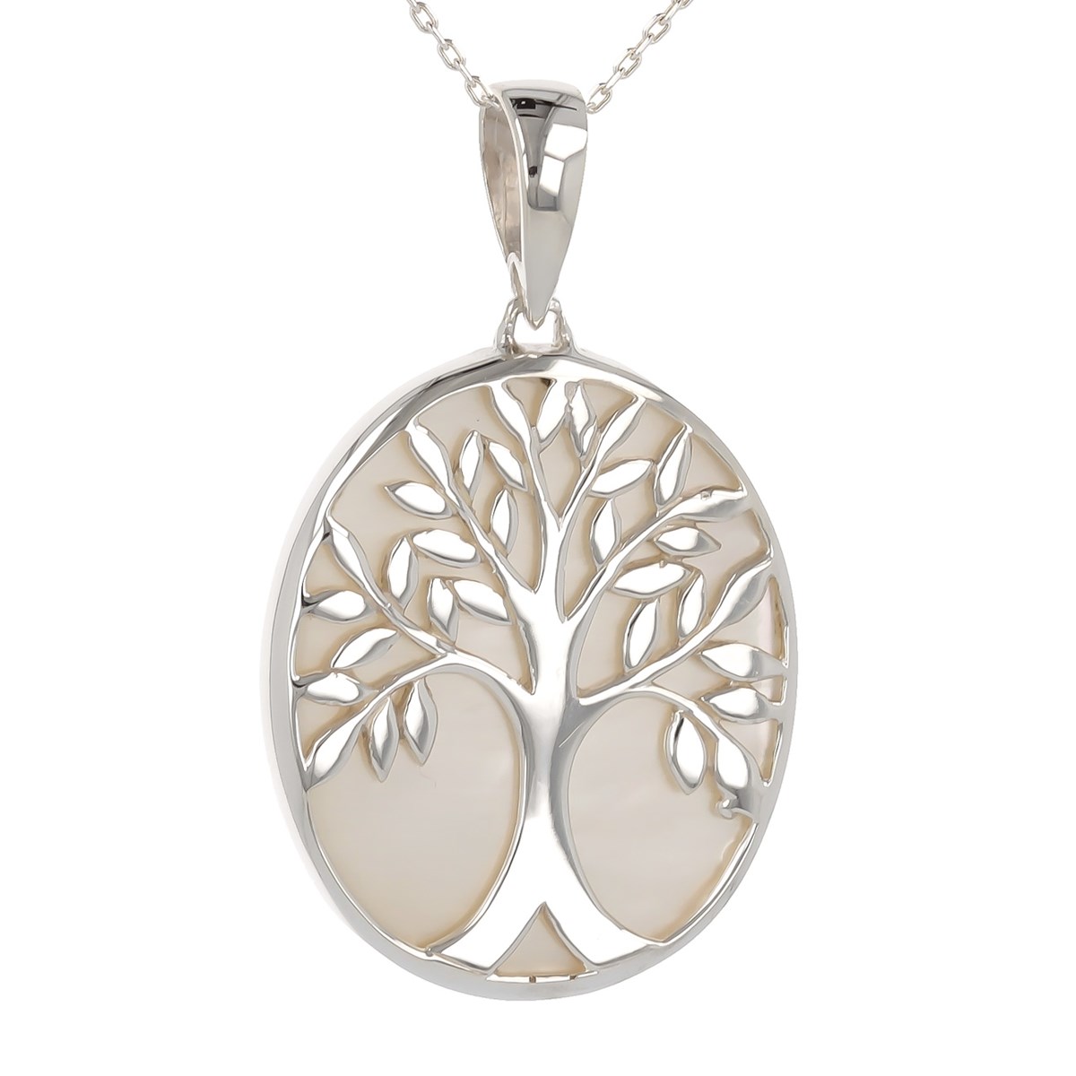 Pendentif ADEN symbole Arbre de vie Nacre Blanche Argent rhodié ovale