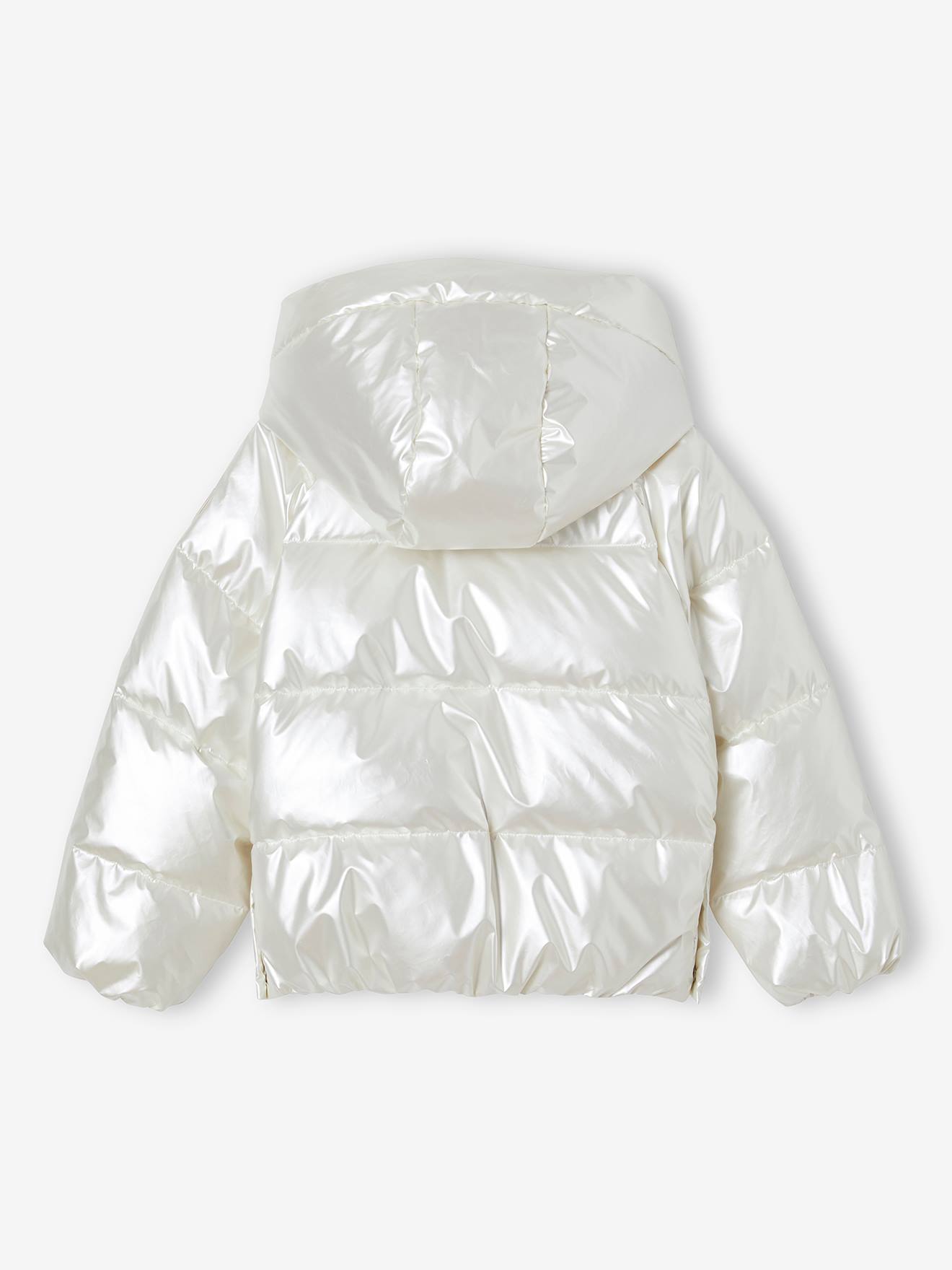 Jaqueta acolchoada com forro de lã, capuz e efeito perolado para meninas, cor off-white.
