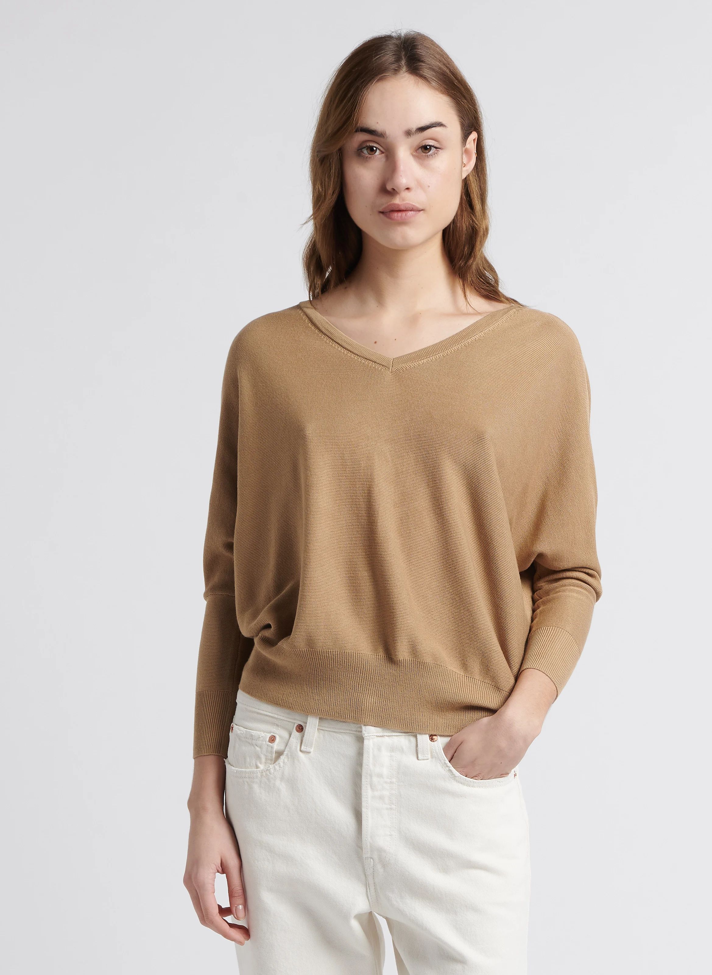 ELSY - Gilet ample col V en coton mélangé | Marron