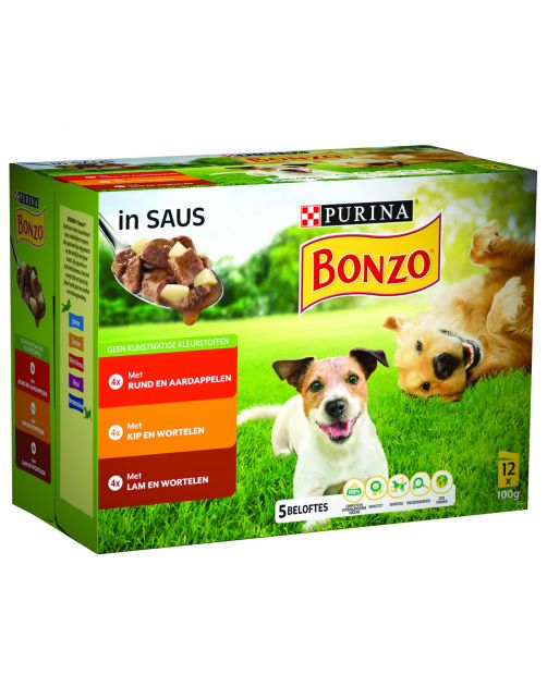 Bonzo Vitafit Multipack In Saus - Hondenvoer - Rund Kip Lam 12x100 g In Saus