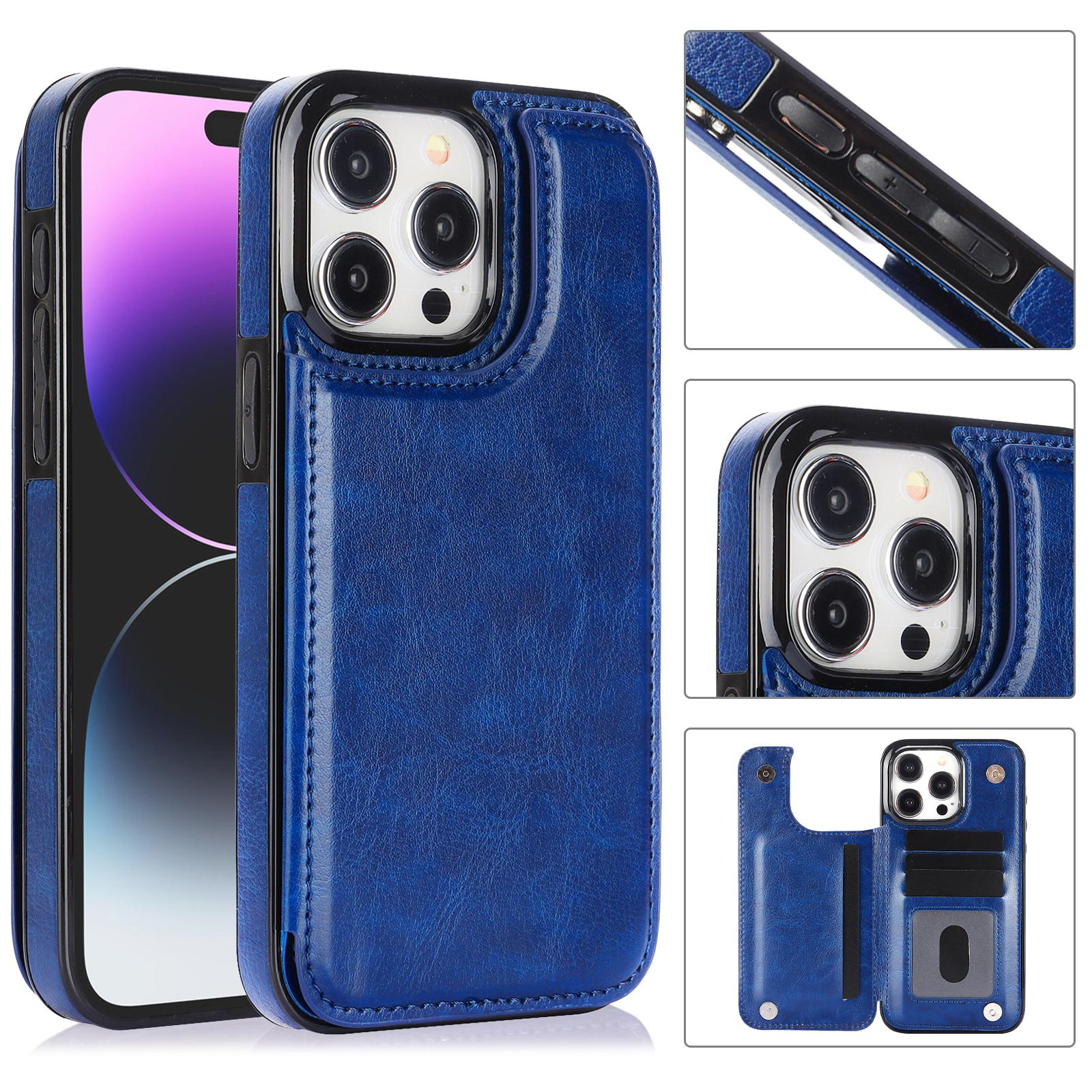 iPhone 15 Pro Max Hybrid Leder Hülle mit Kartenfach   Kickstand Aufsteller - Blau