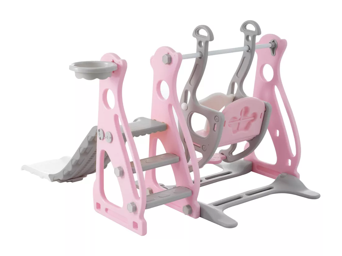 Toboggan pour enfants 4 en 1 - Convient pour l'intérieur et l'extérieur - avec balançoire, cadre de basket, toboggan, échelle - rose