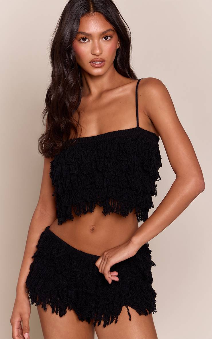 Noir Micro Short Taille Basse Maille Bouclée À Franges