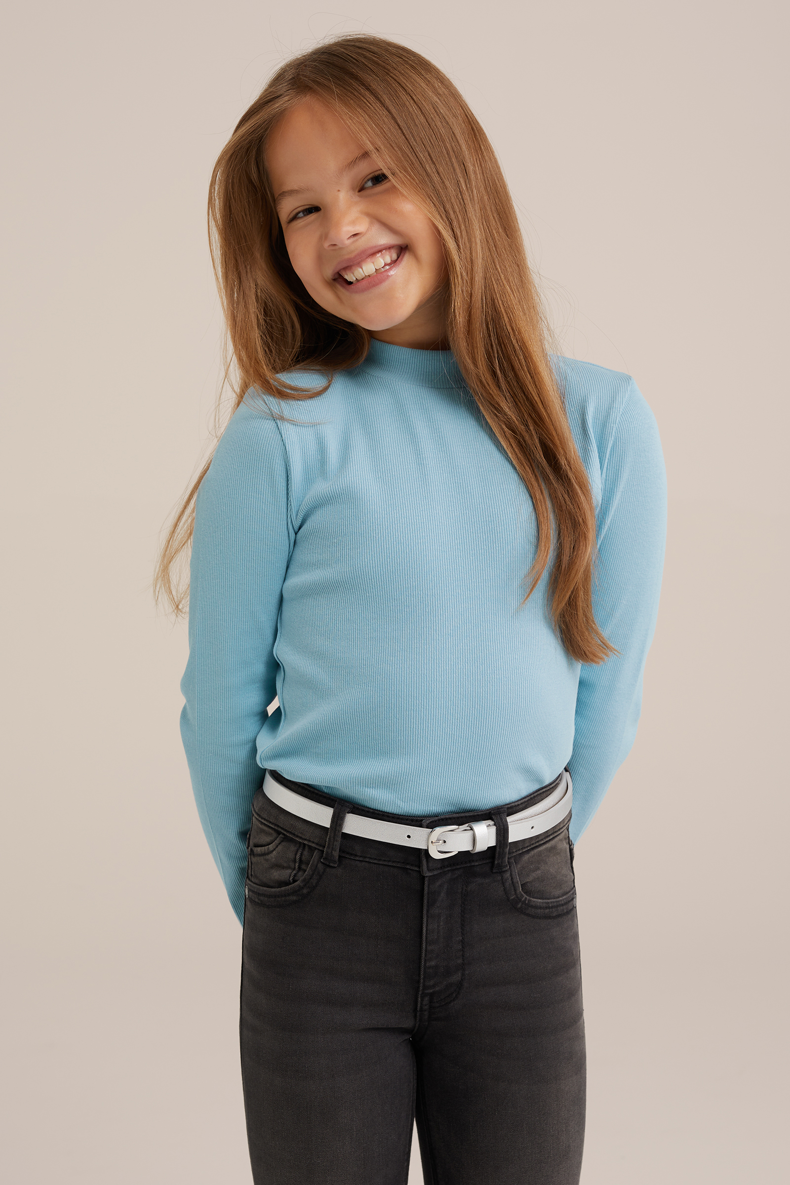 Meisjes geribd T-shirt WE Fashion IJsblauw
