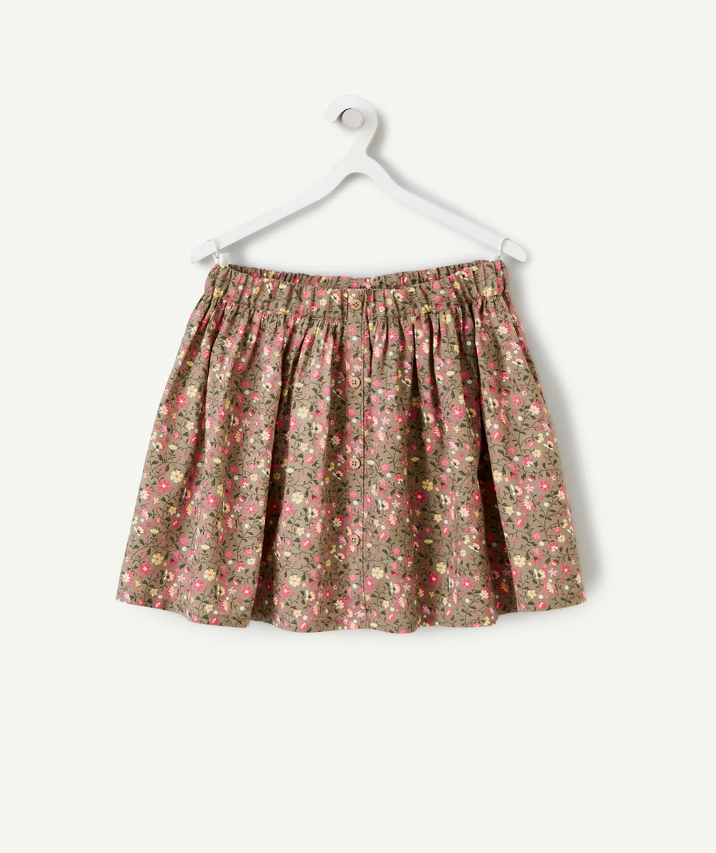 JUPE FILLE EN COTON BIOLOGIQUE KAKI À FRONCES AVEC IMPRIMÉ FLEURI