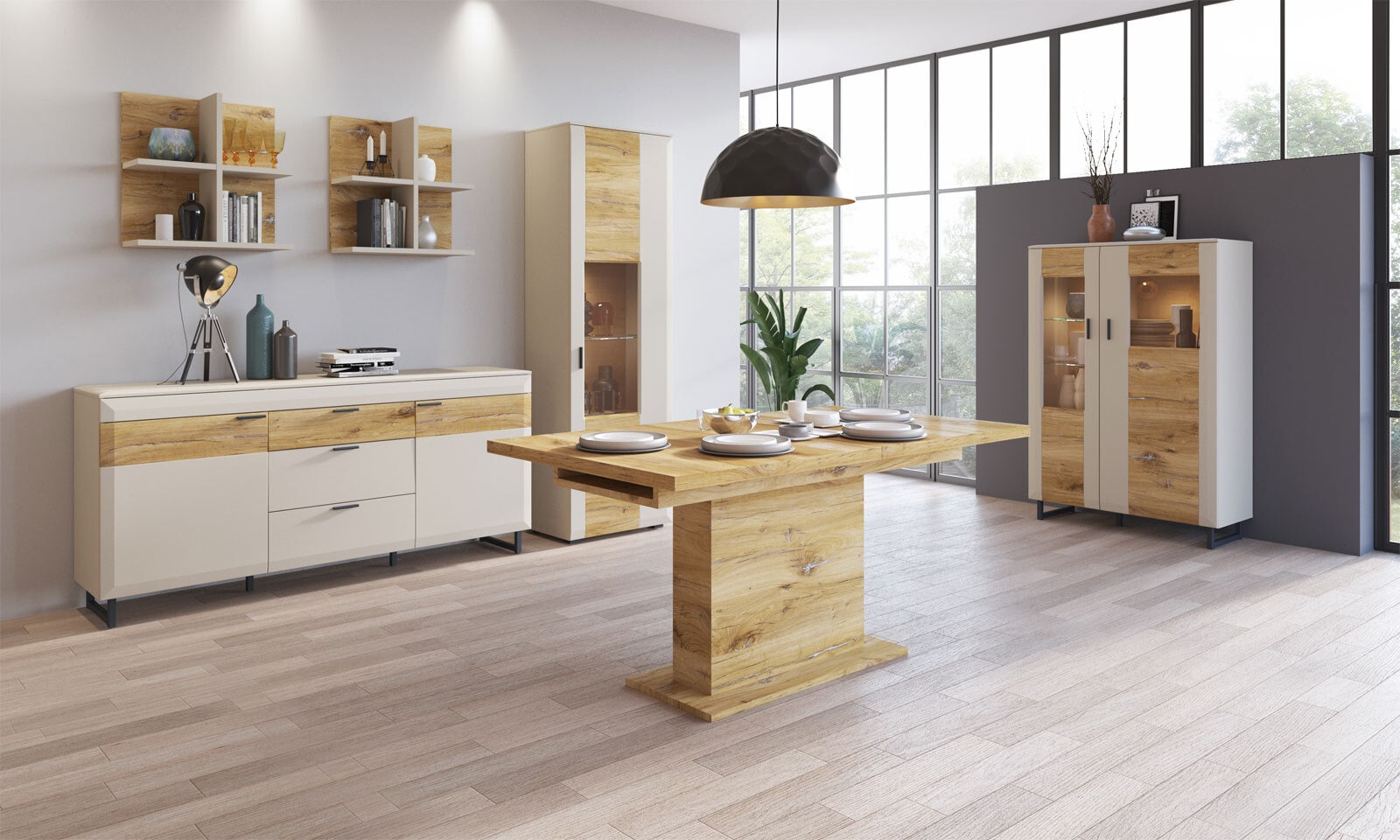Vitrine ROMY I 65 x 206,5 cm Eiche grau/ braun