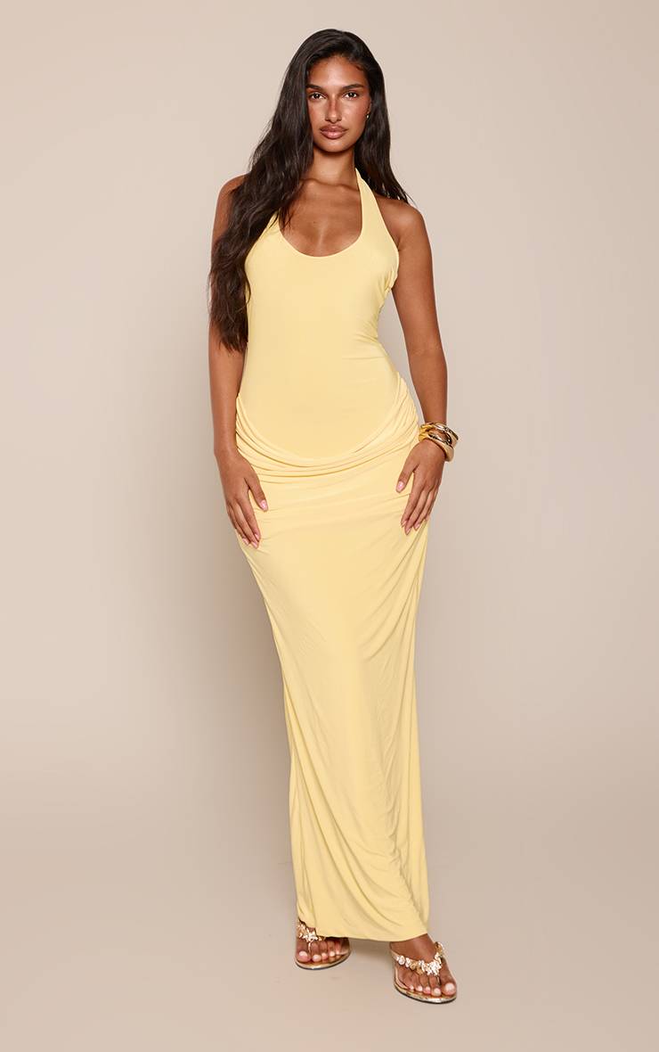 Citron Robe Longue Moulante À Encolure Américaine Avec Détails Froncés