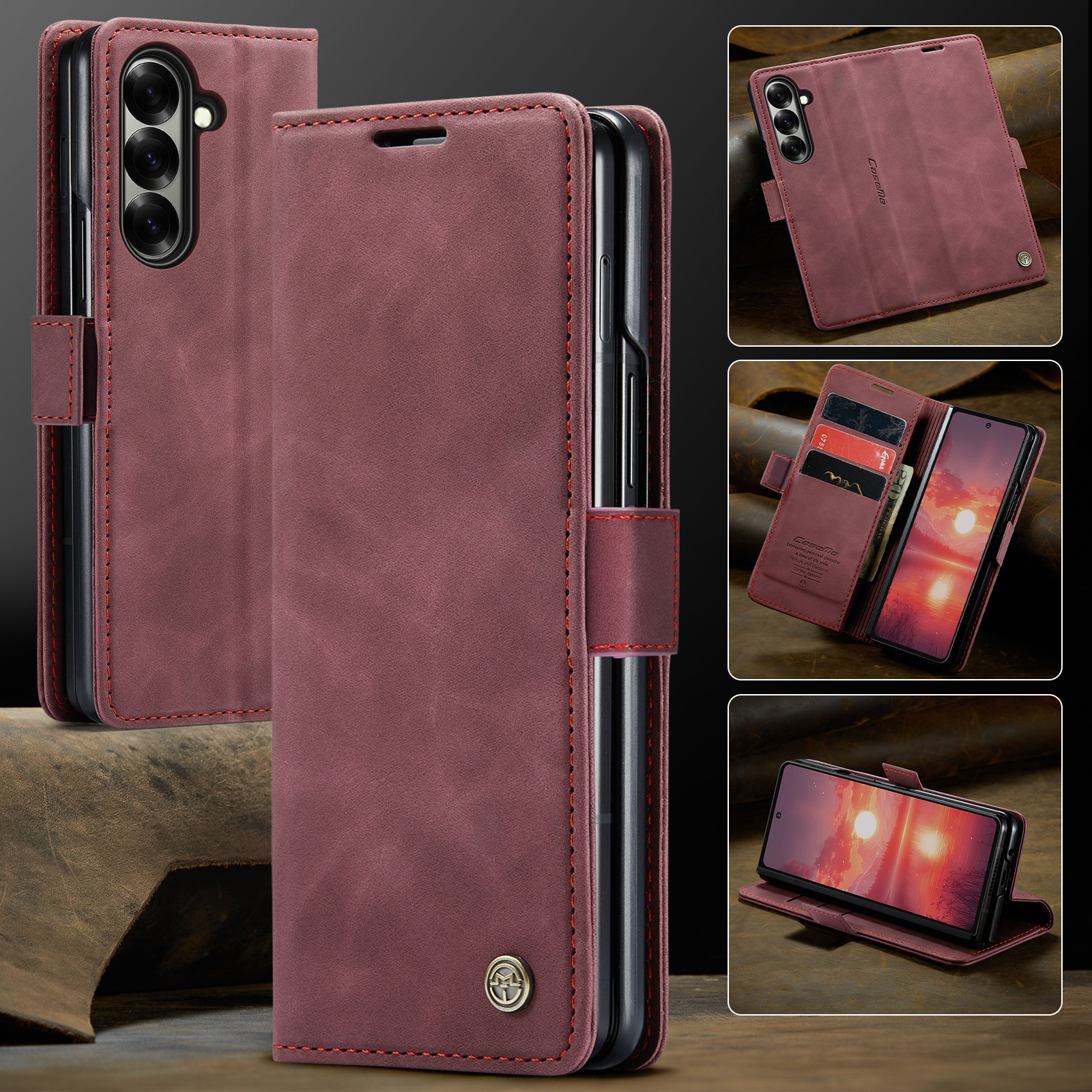Samsung Galaxy Z Fold7 Leder Tasche Flip Wallet Etui mit Kartenfächern - Rot