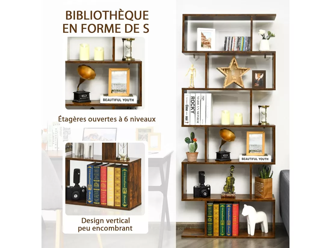 Bibliothèque Industriel en Forme de S, Étagère à 6 Niveaux, Meuble de Rangement avec Anti-basculement, 80 x 23 x 191 cm, pour Salon, Chambre, Bureau, Marron