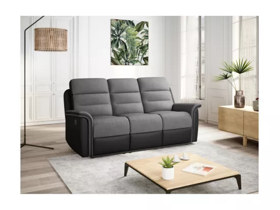 Canapé de Relaxation 3 places en Microfibre et Simili Léon - Gris et Noir - L191 x 94 x 100cm - Loungitude