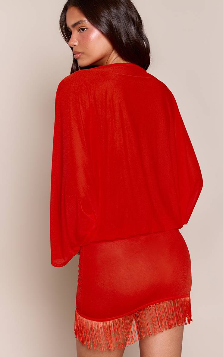 Rouge Robe Courte À Manches Longues En Jersey Texturé Avec Ourlet À Franges