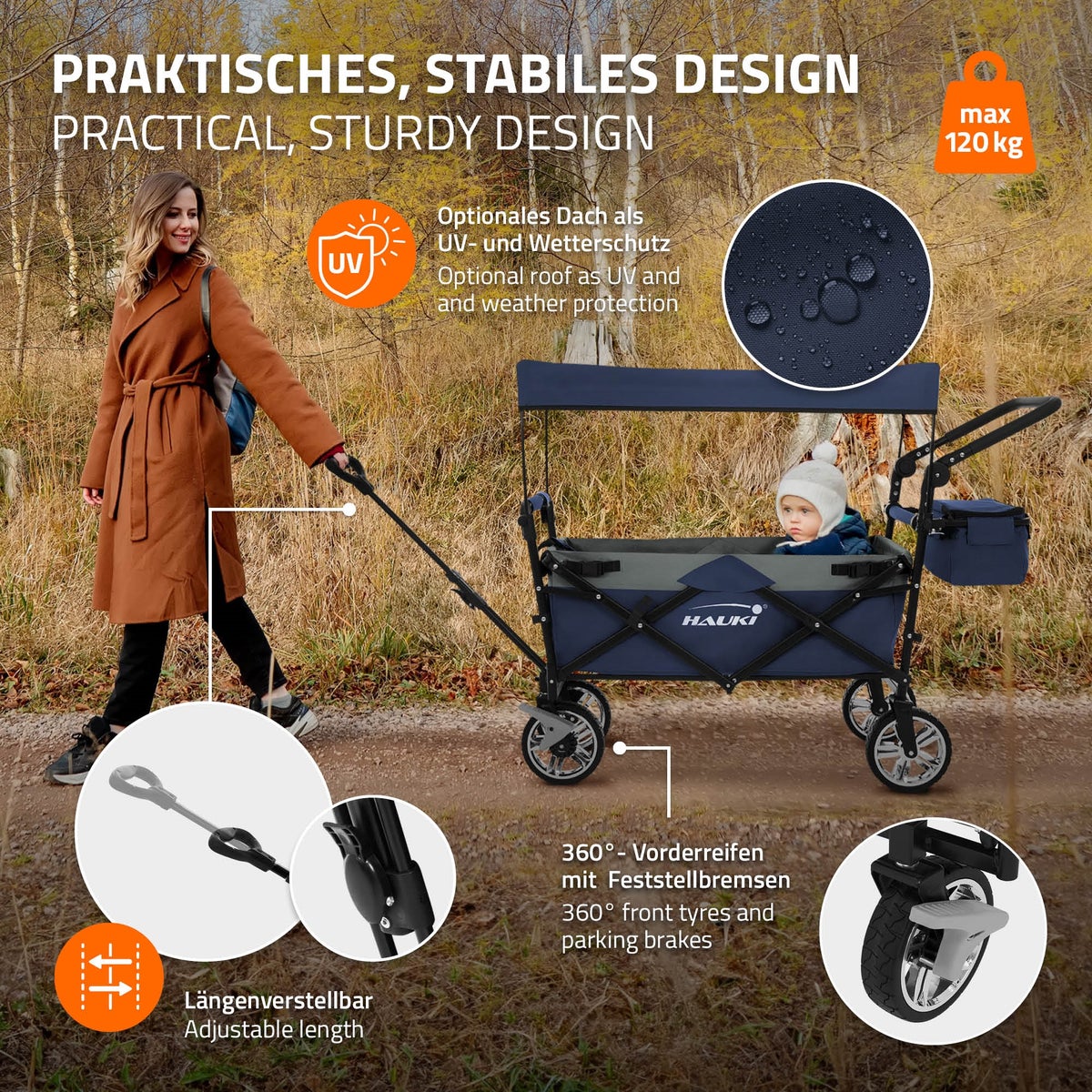 Hauki XXL opvouwbare bolderkar met luifel en tas, blauwgrijs, opvouwbare bolderkar voor duwen en trekken, transportkar voor kinderen, 360° draaibare voorwielen, PU-wielen met remmen, draagvermogen 120 kg