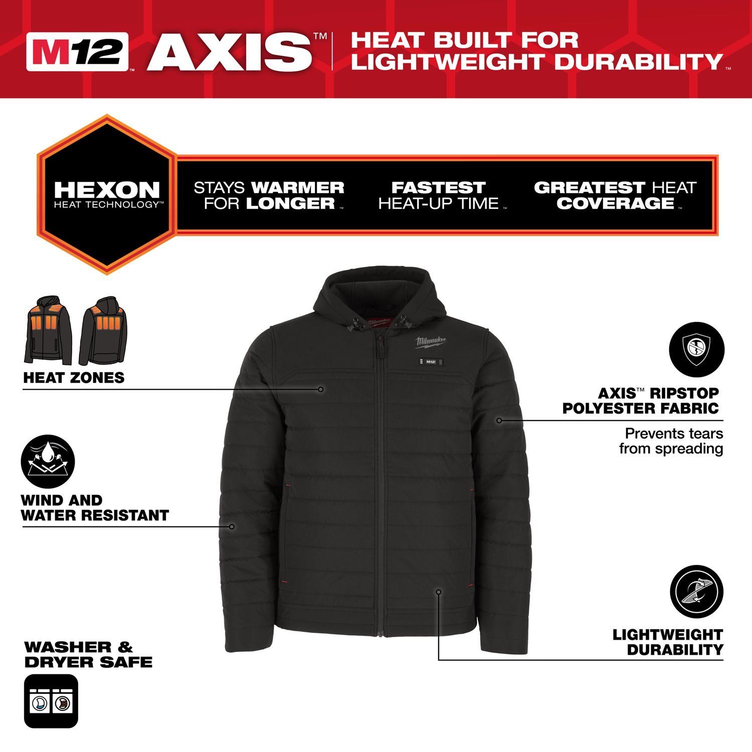 Milwaukee M12™ HPJBL3-0 (M) HEXON Verwarmde pufferjas zwart - 4932493838
