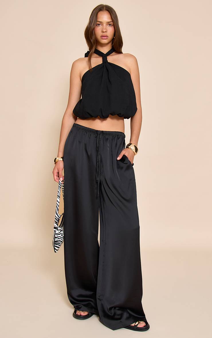 Noir Pantalon Large En Satin À Cordon De Serrage
