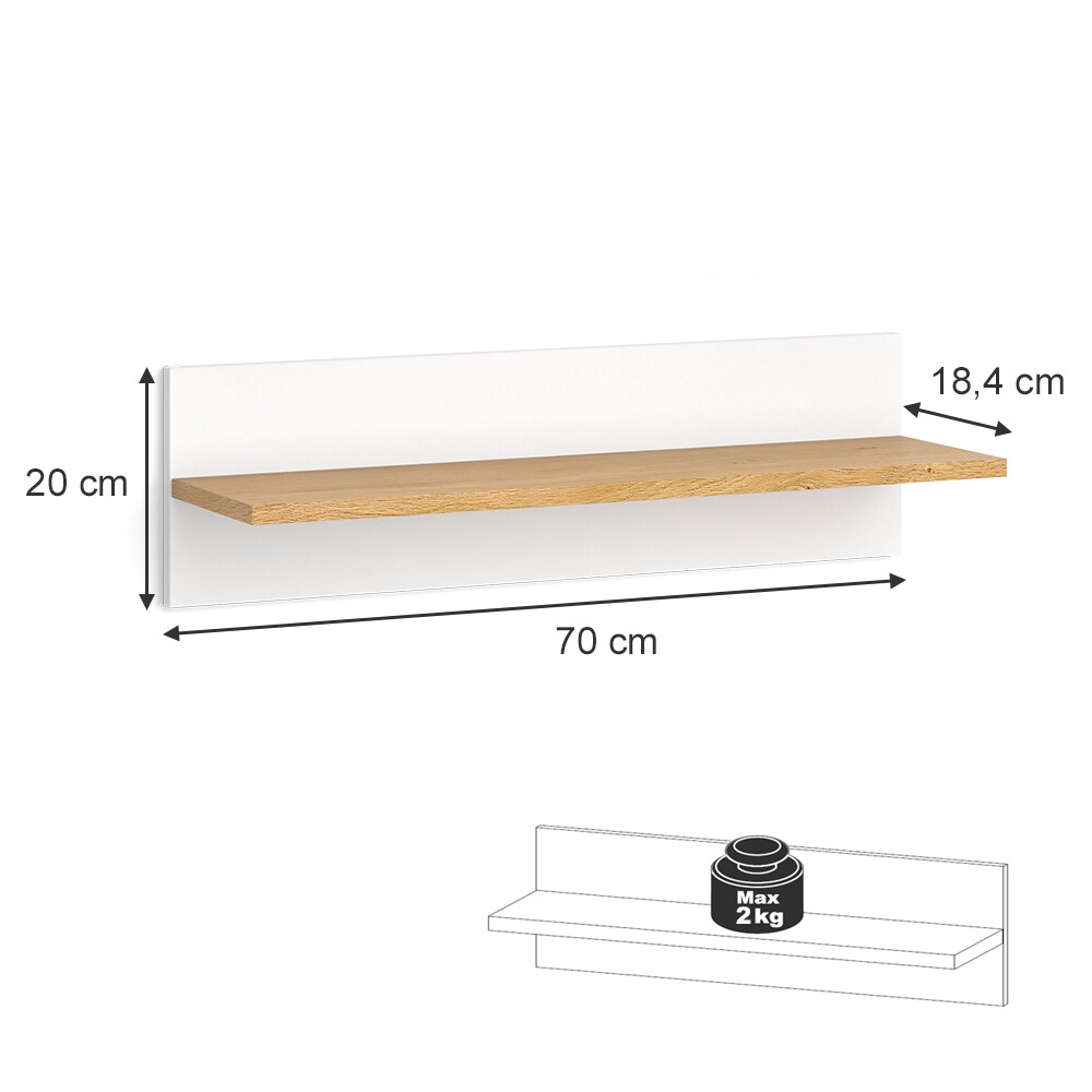 VitaliSpa Wandregal Hängeregal Ablageregal Malia Weiß Eiche modern 70x20 cm Kinderzimmer Regal Babyzimmerregal Kindermöbel Babymöbel Ablage Aufbewahrung