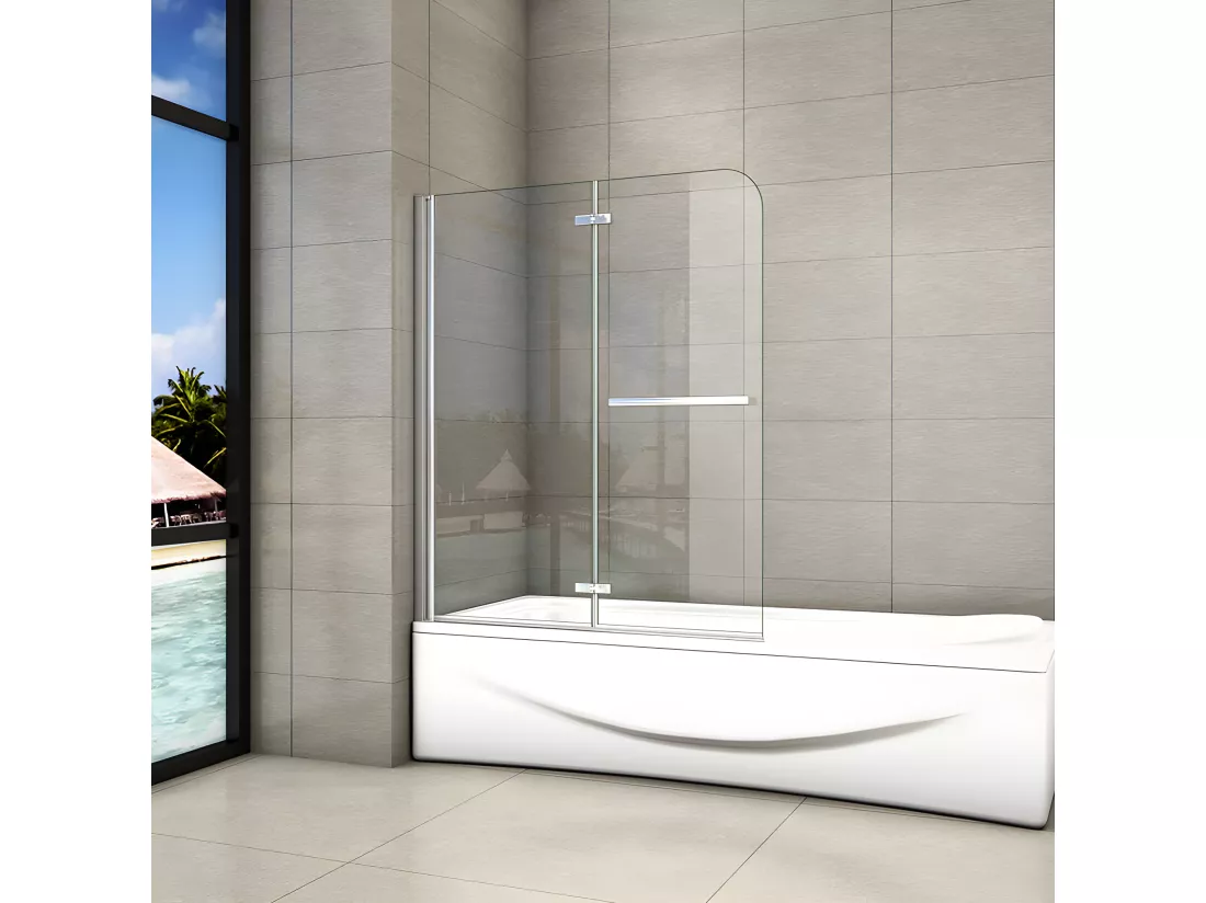 Pare-baignoire 100x140cm pivotant 180° , paroi de baignoire en 6mm verre anticalcaire, avec une poignée en Inox