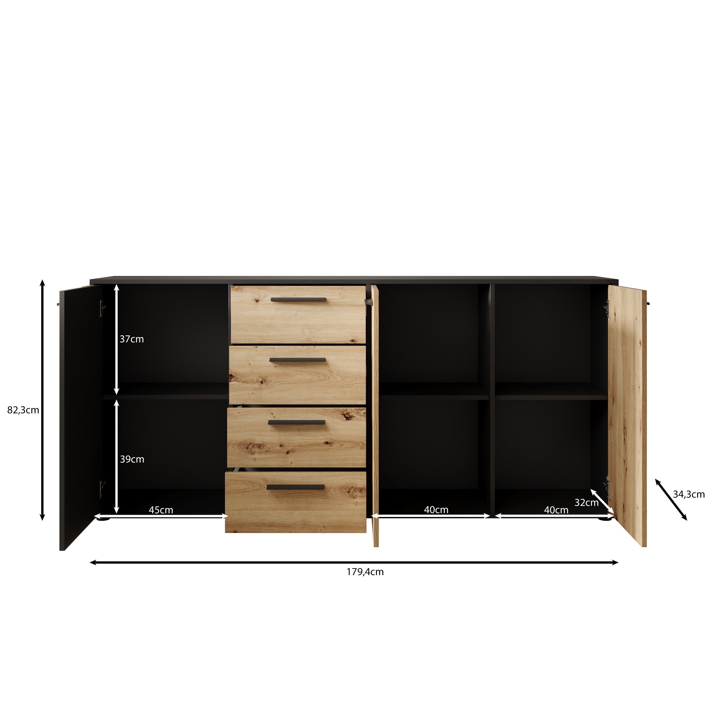 Meubella - Clover - Dressoir - Eiken|Zwart - 179x34x82 cm