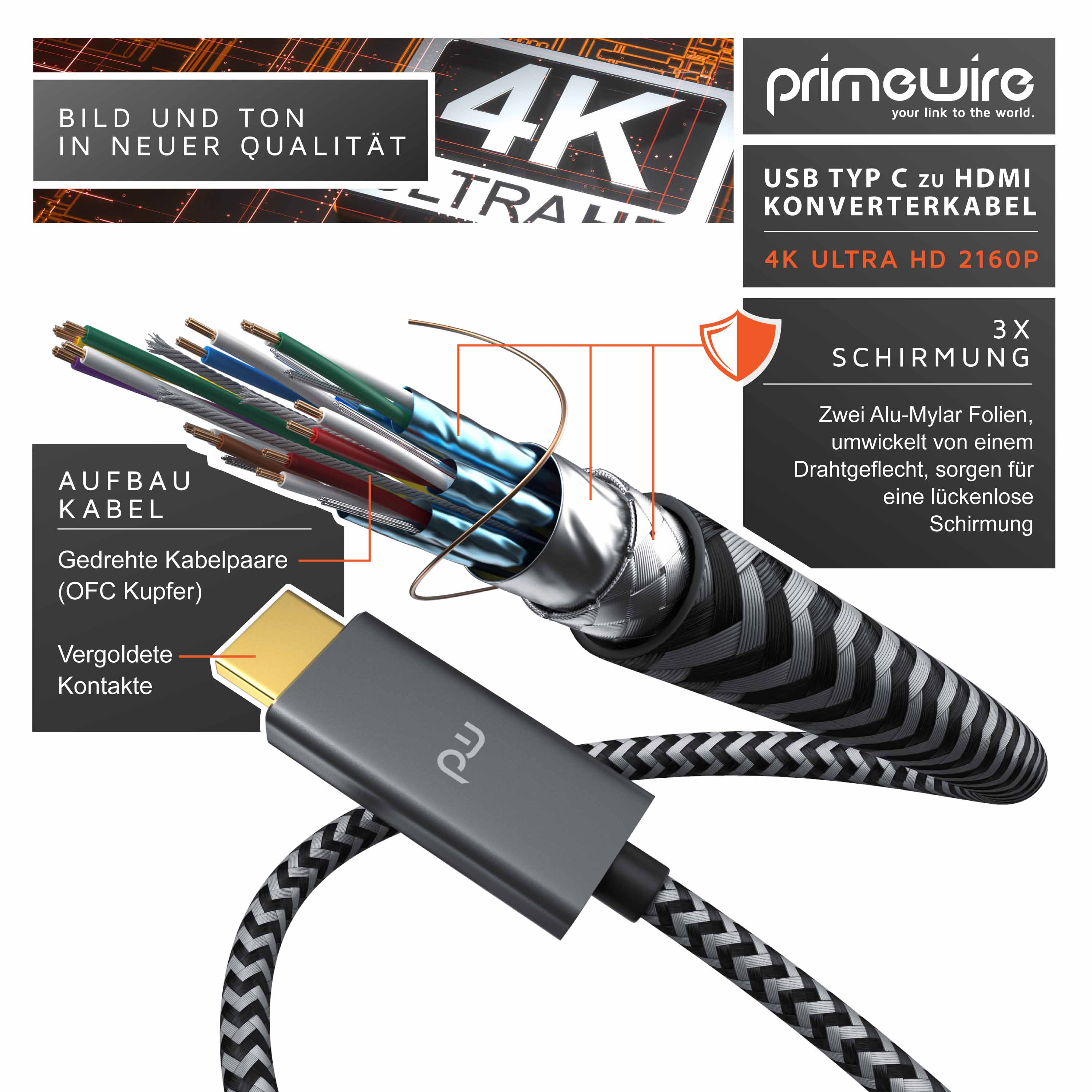 Primewire USB Typ C zu HDMI Konverterkabel Adapterkabel 4K 3840 x 2160 @ 60 Hz -5m