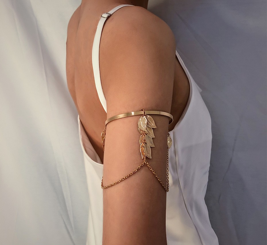 (Ø8cm) Metall Armreif Boho Körper Schmuck Oberarm Festival Accessoire Blätter - Gold