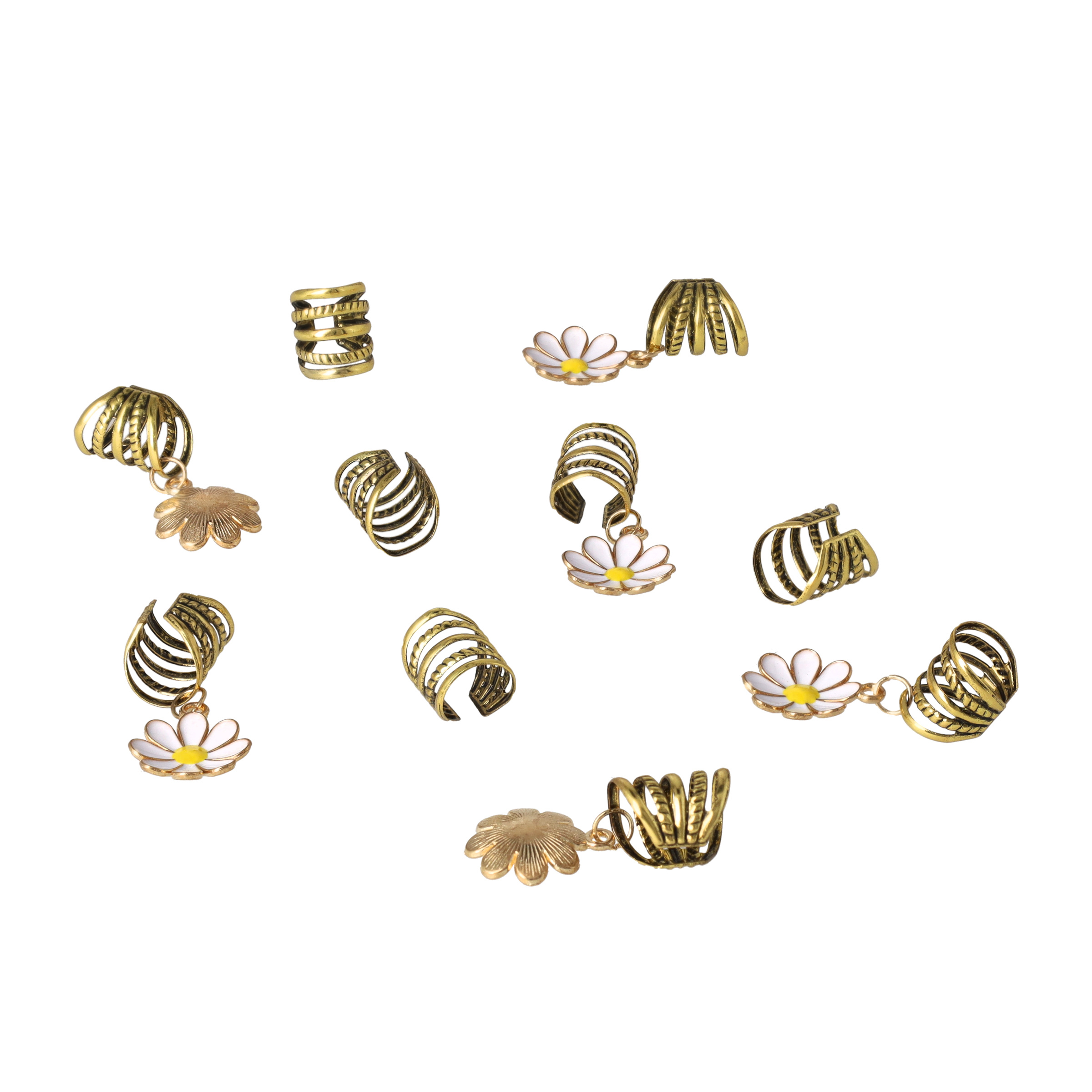 (10er Set) Haar Schmuck Accessoire Dreadlock Zopf Clips mit Blumen Anhänger - Gold