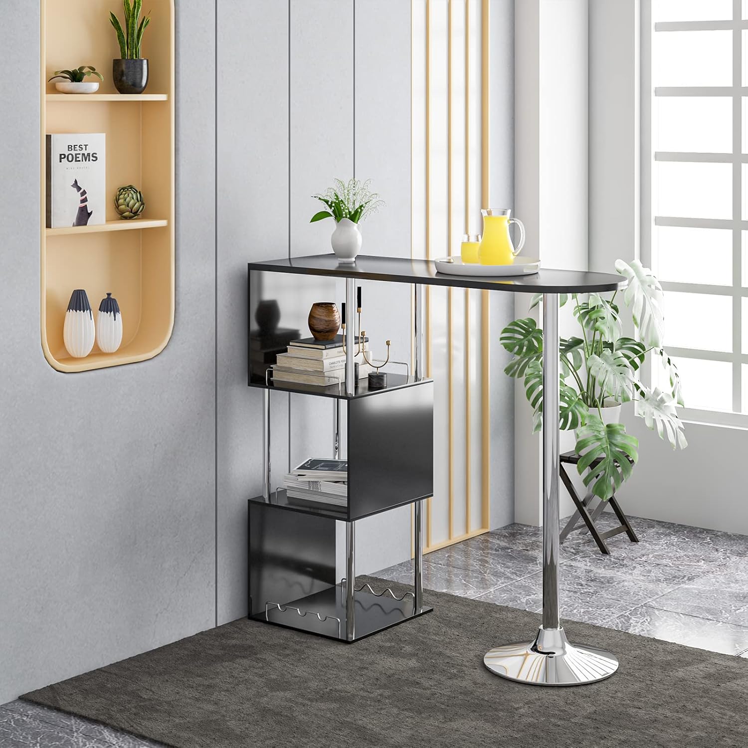 WOLTU S-förmiger Bartisch mit Stauraum, Stehtisch mit Weinregale, Bistrotisch aus Metall & Holz, Bartheke Tresentisch für Küche Bar Wohnzimmer, 113 x 40 x 105cm, Schwarz