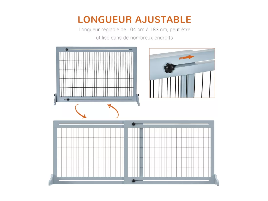 Barrière de sécurité chien barrière autoportante longueur réglable dim. 104-183L x 36l x 69H cm bois pin gris acier noir
