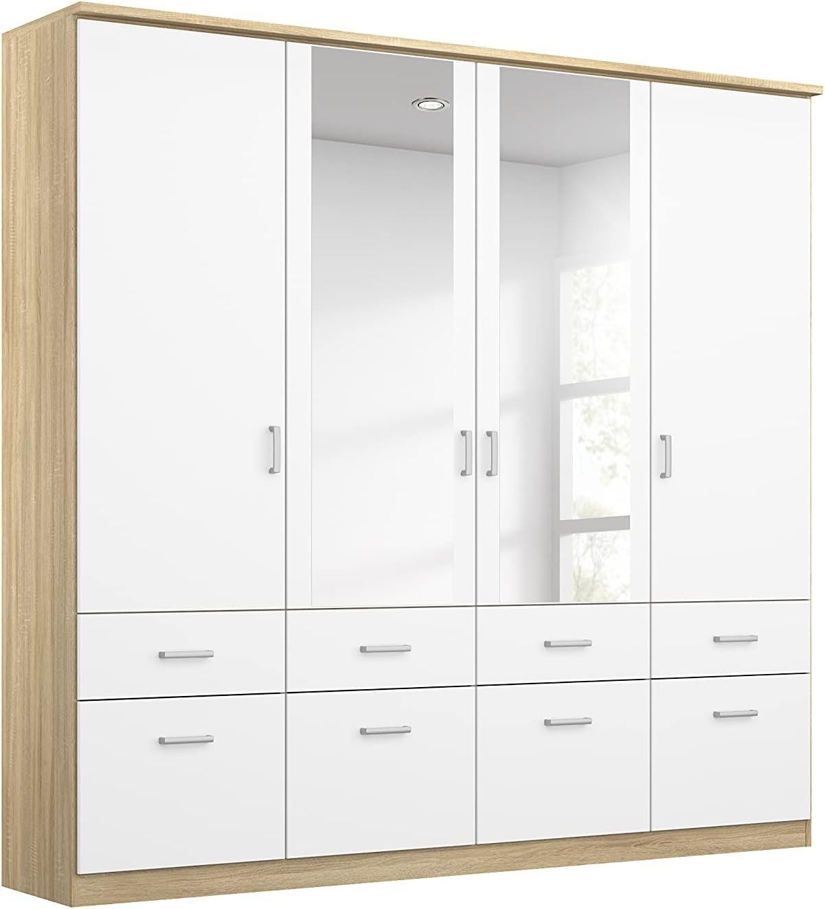 Rauch Möbel Bremen Schrank Drehtürenschrank Kleiderschrank Weiß-Eiche Sonoma, Holz, Spiegel und 8 Schubladen 4-türig, inkl. Zubehörpaket Basic 1 Kleiderstange, 4 Einlegeböden BxHxT 181x199x58 cm