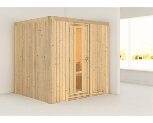 Karibu Maria plug & play sauna zonder kachel en dakrand, met houten deur en geïsoleerd glas.