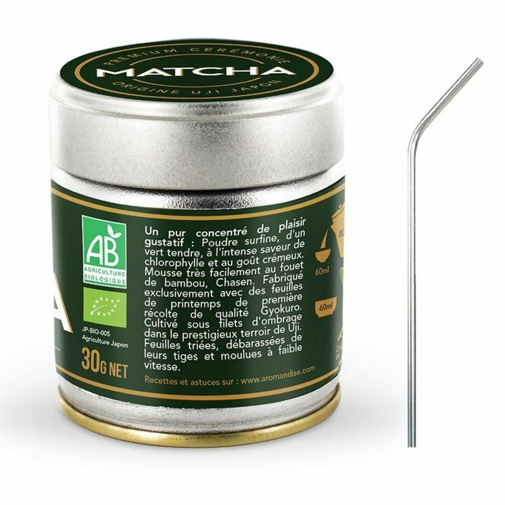 Thé matcha de cérémonie premium 30 g + 4 pailles en inox