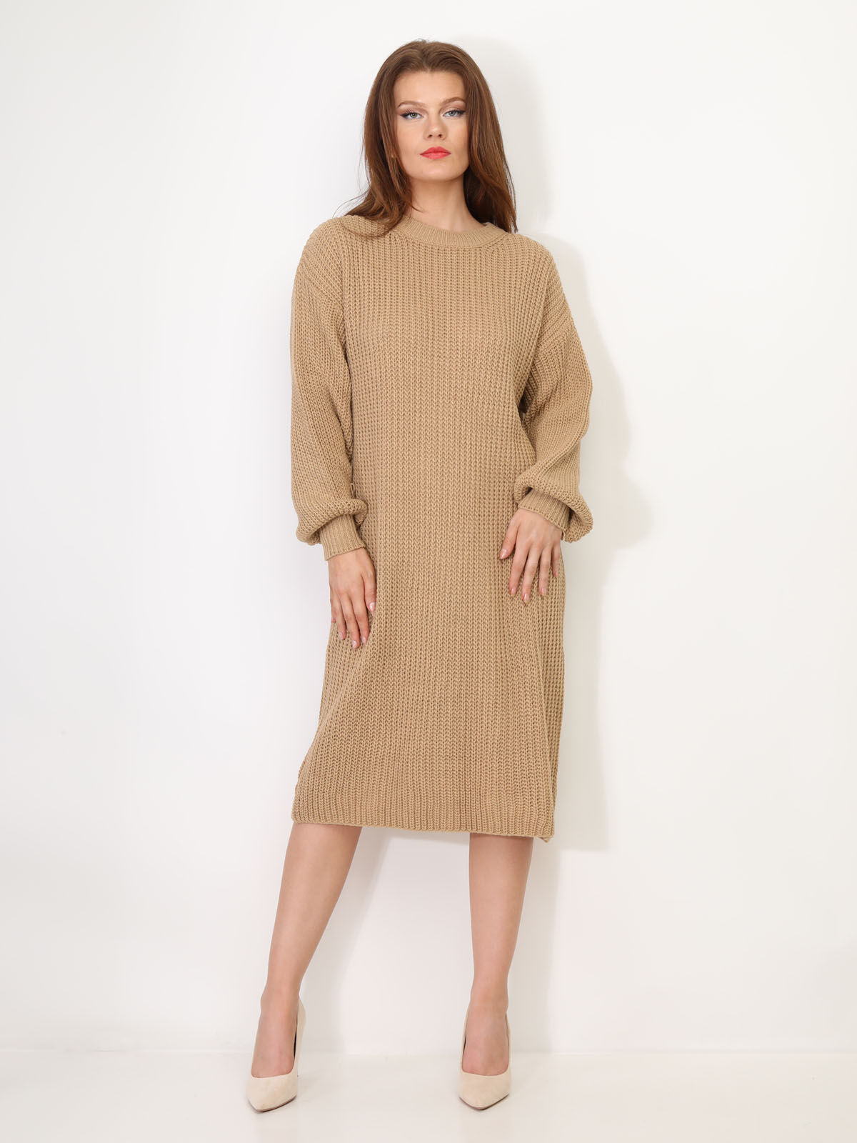 Robe pull mi-longue à manches bouffantes- Camel